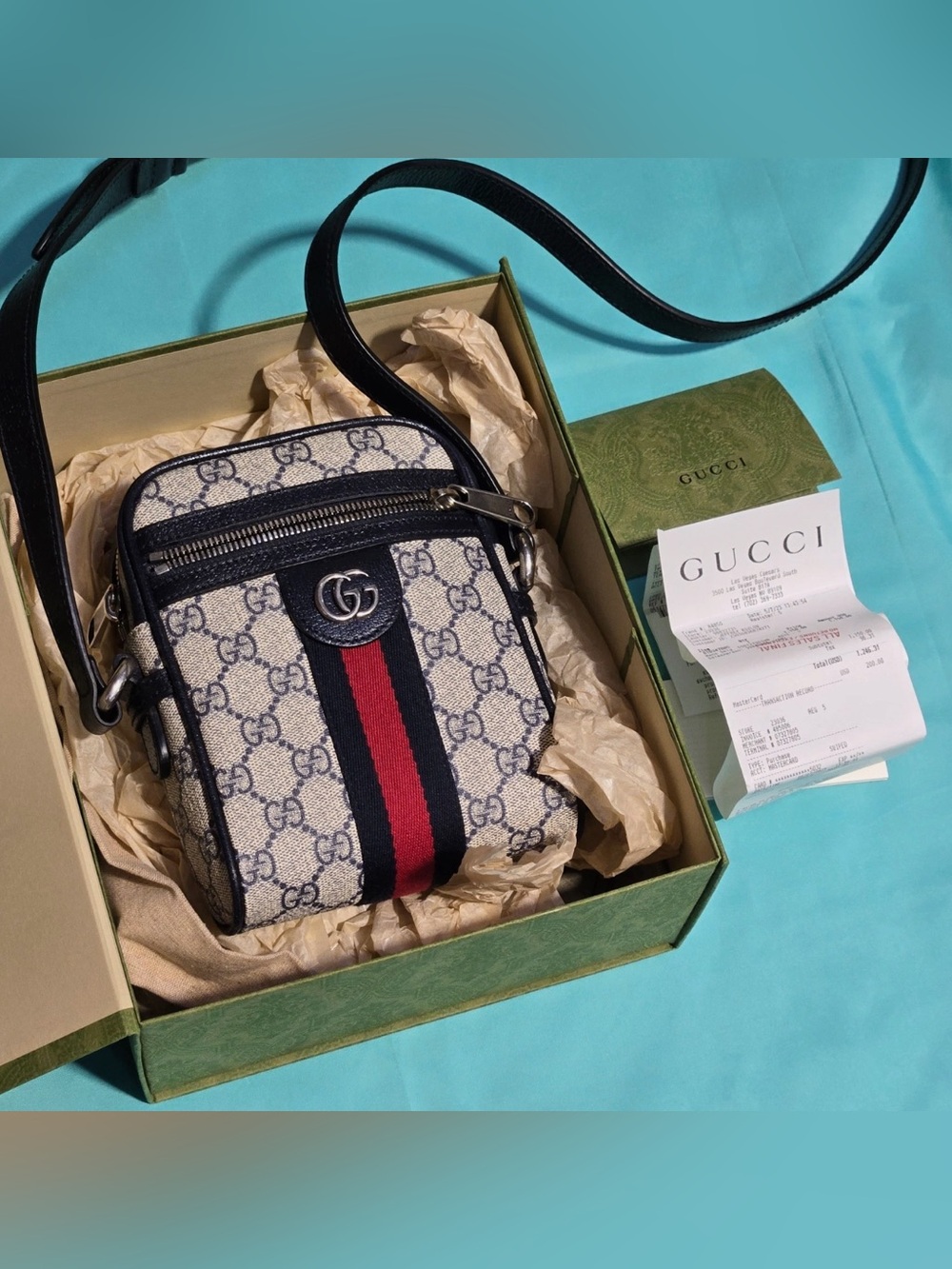 Gucci Beige GG Supreme Belt Bag with Navy and Red Web New without tag